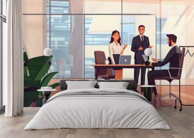 Two men and a woman engaged in a meeting in a modern office with large windows. Wall mural