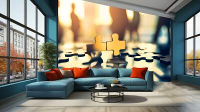 Two puzzle pieces fit together, representing teamwork, against a background of blurry silhouettes. Wall mural