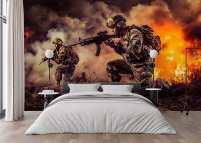 Two soldiers in camouflage gear kneel in a battlefield, aiming their rifles amidst smoke and flames. Wall mural