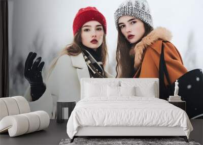 Two young women in winter wear stand in the snow. Wall mural