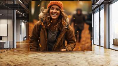 woman and friends portrait in a park during fall or autumn season. Wall mural