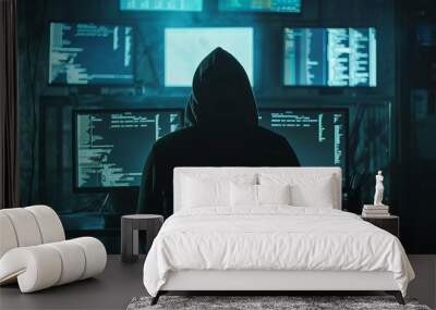 A hooded hacker is shown working in a dimly lit setting, surrounded by numerous computer monitors filled with complex code and data, indicating an active cyber operation. Wall mural