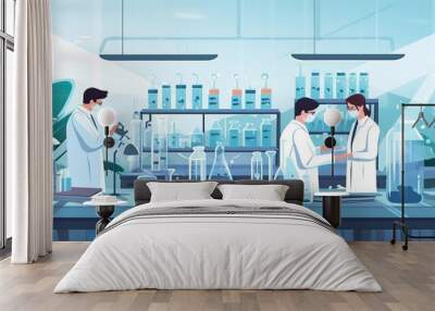 An illustration of a high-tech, clean lab environment with scientists engaged in research, communicating amidst various lab equipment Wall mural