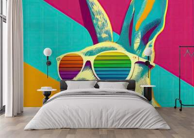 cool colourful neon pop art illustration of the year of the rabbit or the easter bunny, generative ai Wall mural