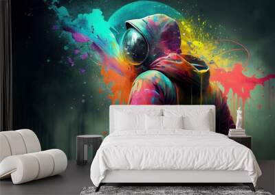 graffiti sprayer artist with mask in a colourful scene, generative ai Wall mural