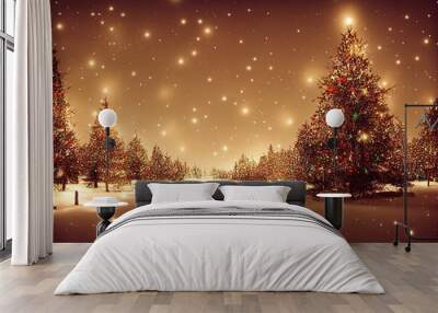 holy night, christmas night, winter wonderland with a golden hue generative ai Wall mural