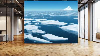 huge peak iceberg in polar regions surrounded by many smaller floating ice pieces on a beautiful sunny day, generative ai Wall mural