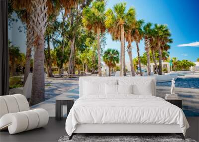 long exposure photo of siesta key beach scene with motion blur in trees Wall mural