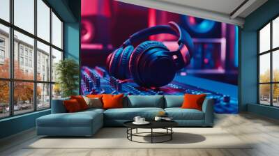 Modern Audio Setup with Headphones Wall mural