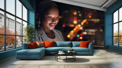 Corporate black woman, tablet and office in night, rooftop and reading social media for data analysis. Digital marketing planning, dark and focus on mobile tech for goals, ux and analytics at company Wall mural