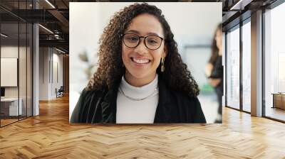 Face, business and woman with glasses, professional and lawyer in a meeting, corporate and employee. Portrait, person and worker in a workplace, smile and advocate with teamwork, law firm or ambition Wall mural