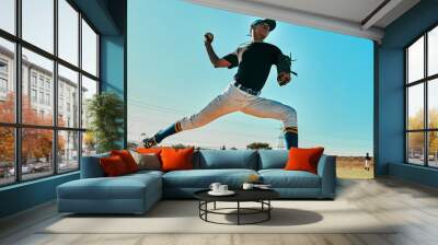 He has a strong throwing arm. Shot of a young baseball player pitching the ball during a game outdoors. Wall mural