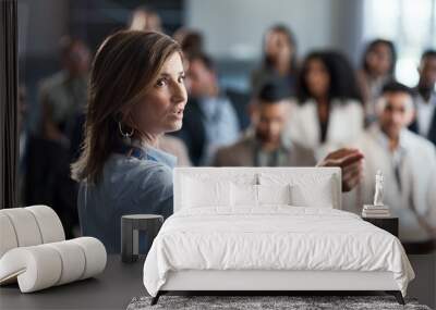 Presentation, training and coaching with a business woman talking to an audience during a workshop. Convention, speech and teaching with a female speaker giving a seminar to a group of employees Wall mural