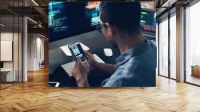 Programming, smartphone or man typing, cyber security or digital software with internet connection. Male person, programmer or coder with a cellphone, technology or analytics with website information Wall mural