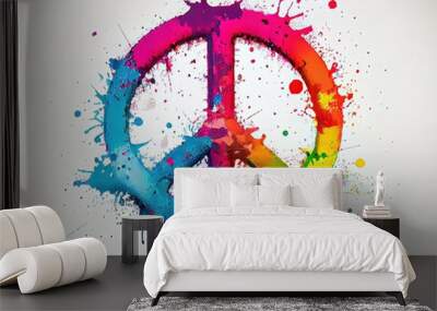 very colourful peace symbol on white background with plenty of paint splashes, generative ai Wall mural