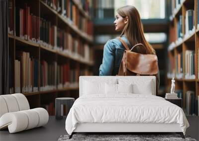 Young Woman in Library with Backpack Wall mural