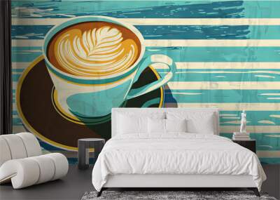 Artistic Flat Lay of a Creamy Latte in a Stylish Cup on a Bold Striped Background, Perfect for Coffee Lovers and CafÃ© Aesthetic Themes. Wall mural