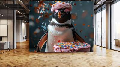 Festive Penguin Celebrating with Colorful Cake and Party Hat Surrounded by Confetti for a Joyful Birthday Celebration Wall mural