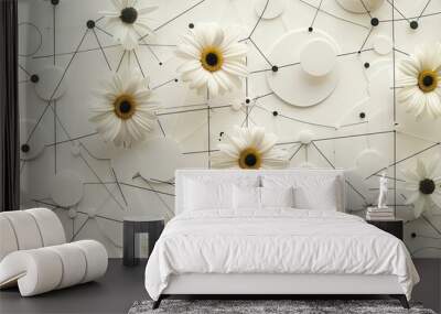 Fresh White Daisies on Geometric Background with Black Accents: Modern Floral Artwork for Elegant Home Decor and Creative Design Projects Wall mural