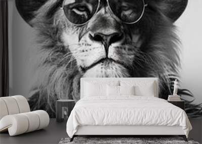 Stylish lion wearing sunglasses and a hat, adorned with jewelry, embodies a unique blend of urban fashion and fierce wildlife, shot in striking black and white. Wall mural