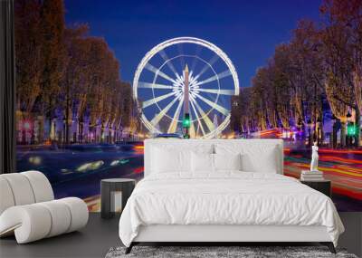 Avenue des Champs-Elysees with Christmas lighting leading up to the Grande Roue (Big Wheel) in Paris, France Wall mural