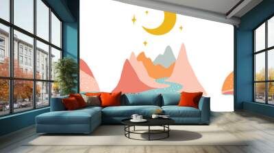 Boho Abstract Landscape Horizon with Sunset Sunrise Moonlight Stars by Valley Riverside Wall mural