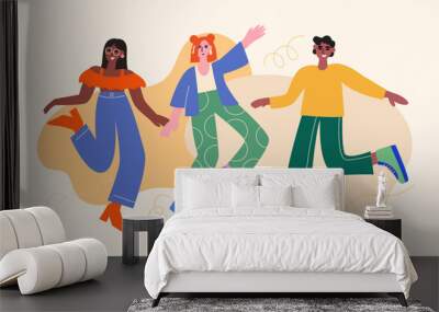 Group of young cheerful dancing people. Happy team of friends celebrating on the party. Vector illustration of flat diverse people.  Wall mural