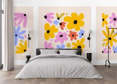 Set of colorful square floral compositions. Vector flat illustration with various abstract flowers Wall mural