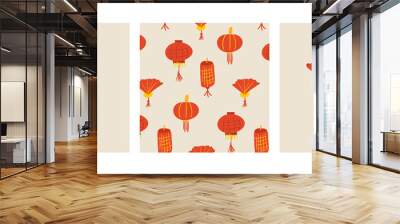 Set of illustrations and seamless pattern with asian lantern and fan. Chinese festival and holiday. New year, celebration.  Wall mural