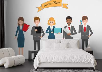 Busines people teamwork group character. Office worker with gadget in job. Wall mural