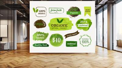 Organic label and natural green label handdrawn brush stain. Tag and Sticker Farm fresh logo vegan food mark. Wall mural