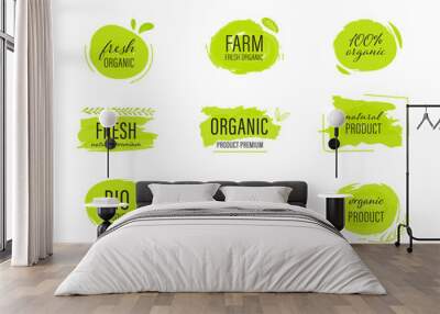 set of Organic label and natural label hand drawn brush. Tag and Sticker Farm fresh logo vegan food mark. Wall mural