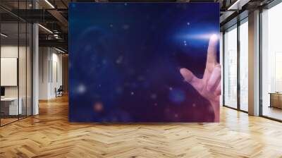 Hand touching the metaverse, banner. Internet digital transformation, next generation of technology era, virtual reality, social media platform. Business background double exposure photo Wall mural