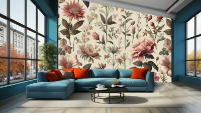 Elegant Vintage Floral Pattern Design. An elegant vintage floral pattern featuring detailed botanical illustrations in soft colors. Wall mural