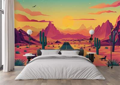 Groovy Desert Journey Illustration: A road disappearing into the horizon amidst a desert landscape with mountains, cacti, and coyotes, capturing the groovy sense of adventure Wall mural