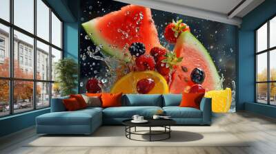 Multiple fruits splash on top of water with black background Wall mural