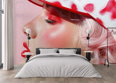 A close-up side profile of a fashion model with vibrant pink hair and a red-and-white patterned cap. Playful, colorful editorial with bold beauty. Wall mural