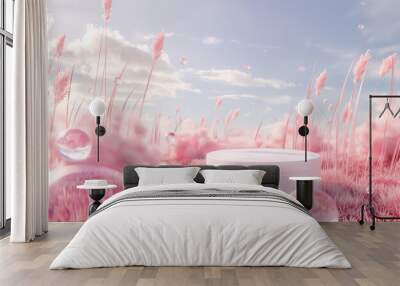 A dreamy pink grass landscape with soft pastel colors, featuring an empty white podium surrounded by floating bubbles and ethereal clouds. Magical atmosphere for product display or beauty presentation Wall mural