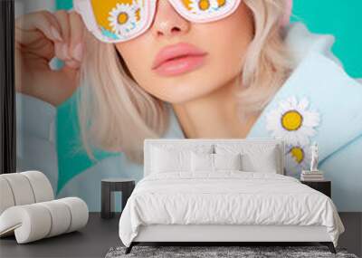 A trendy young woman wearing daisy-reflective sunglasses and a pastel hoodie, her casual street style blending with floral accents. Chic fashion with a playful floral twist and retro vibes. Wall mural