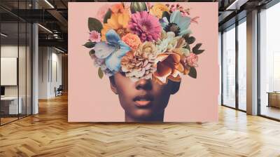 Abstract contemporary art collage portrait of young woman with flowers, retro colors. Gender equality Wall mural