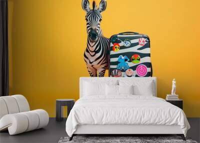 Cute zebra next to a modern travel suitcase with stickers on yellow background. Minimal summer travel concept. Creative animal concept Wall mural