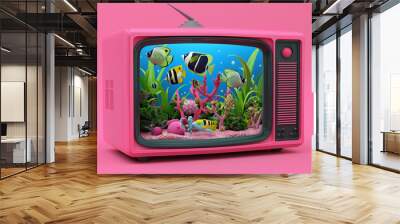 Pink TV aquarium with colorful fish on pastel background. A playful retro-inspired scene. Wall mural