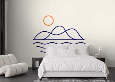 Abstract line art logo of mountains and ocean waves or lake in sunlight Wall mural