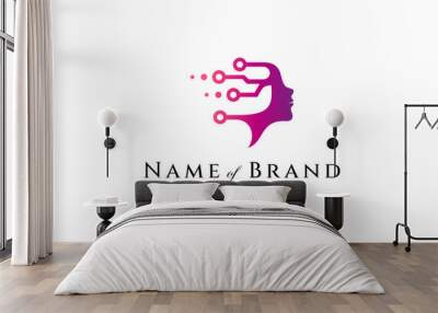 Face silhouette logo with technology combination in flat design style Wall mural