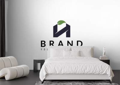 H letter logo with green house combination in flat design Wall mural