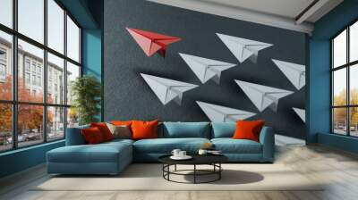 Different business concept.new ideas. paper art style. creative idea.Leaderplane concept, black leader plane leading white planes.3D rendering on black background.
 Wall mural