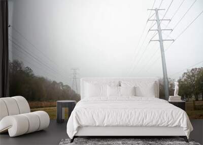 High voltage electric power line in the morning fog Wall mural