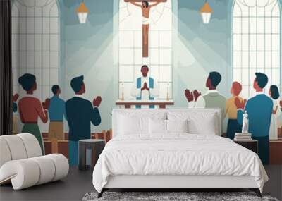 peoples praying in church and raise hand Wall mural