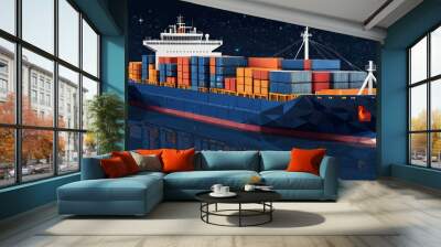 Abstract low poly 3d cargo ship isolated on dark blue background. Container ships, transportation, Wall mural