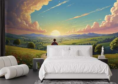 illustration of little boy and father walking in beautiful countryside Wall mural